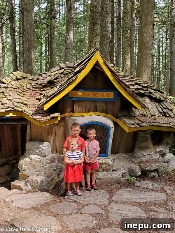 Three children exploring The Enchanted Forest in BC, Canada