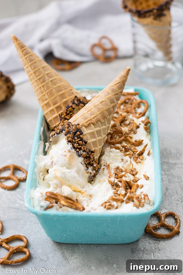 Delicious Salted Caramel Pretzel Ice Cream Swirled in a Container