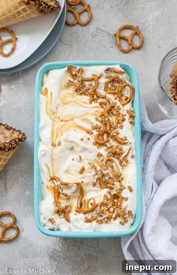 Close-up of creamy Salted Caramel Pretzel Ice Cream with visible mix-ins