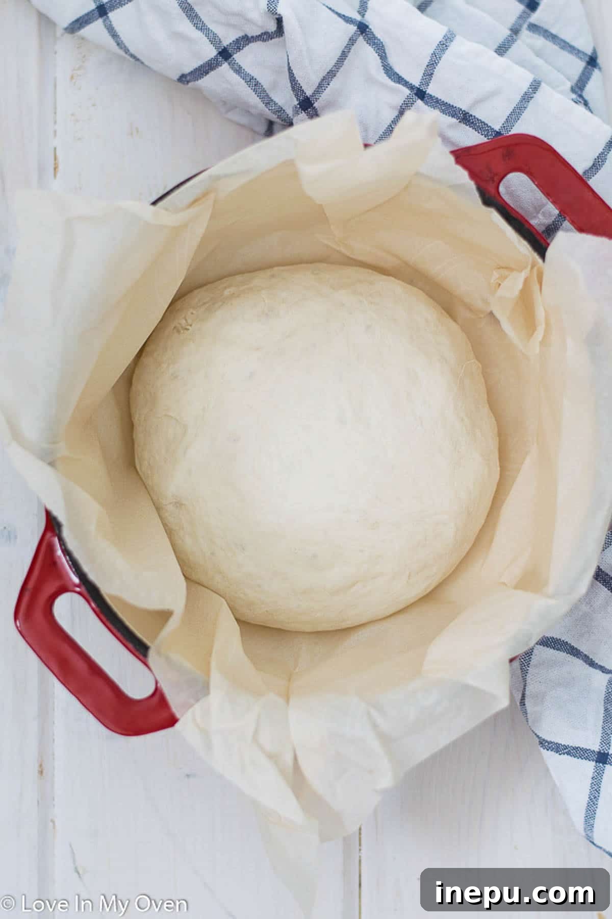 Effortless 3-Ingredient Bread 6 Scored no knead bread dough in Dutch oven