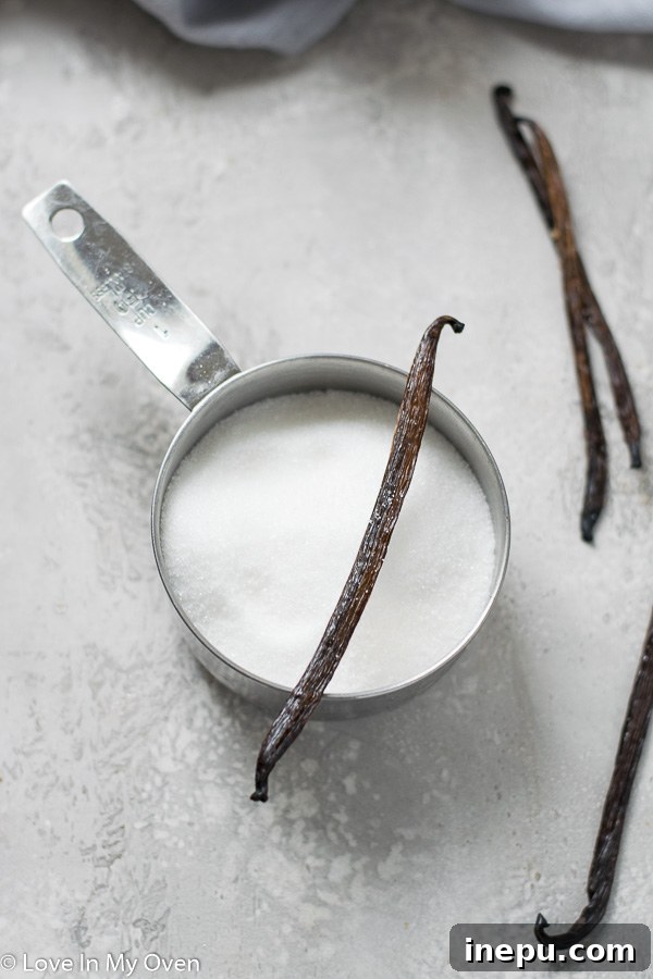 Velvet Vanilla Syrup 3 Three simple ingredients for vanilla bean syrup: vanilla pods, sugar, water