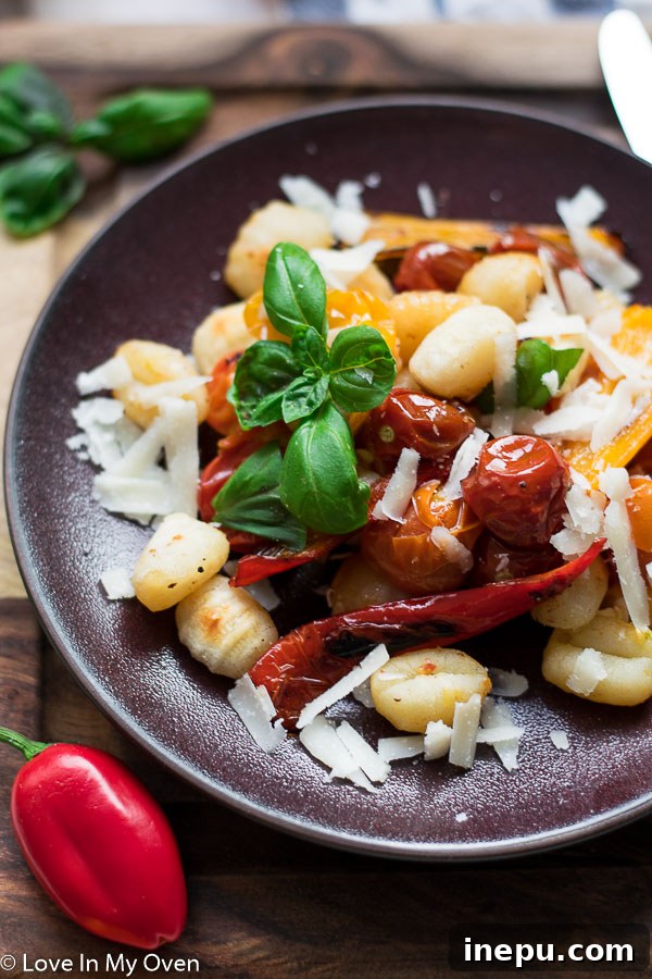 Golden Crunch Gnocchi Bake 7 Overhead shot of crispy sheet pan gnocchi with fresh basil
