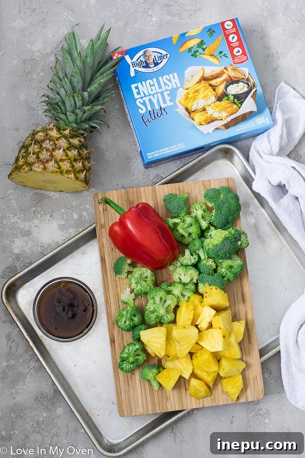 Diced Pineapple, Broccoli, and Bell Peppers for Roasting
