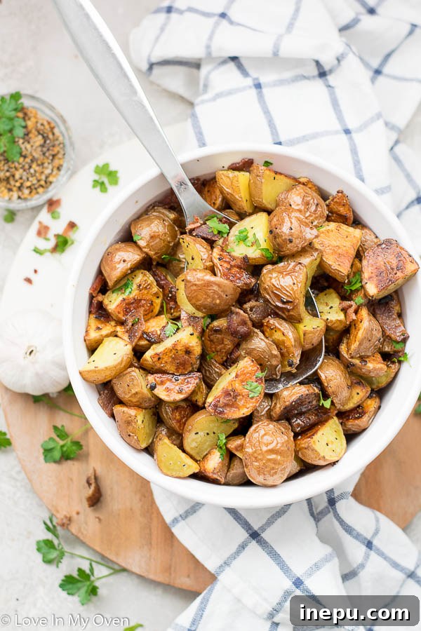 Foolproof Oven Roasted Potatoes 7 Another angle of easy oven roasted potatoes in a serving bowl
