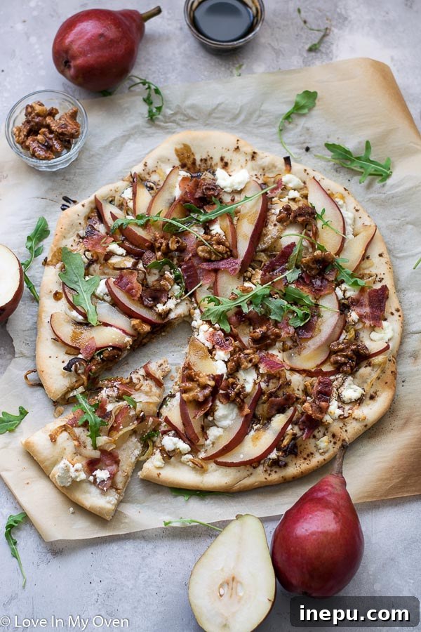Sweet Pear and Tangy Goat Cheese Pizza 2 Gourmet Pear and Goat Cheese Pizza with Bacon and Candied Walnuts
