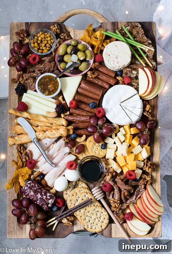 Gobble & Graze Board 6 Beautifully styled turkey charcuterie board from an aerial view, showcasing vibrant colors and textures