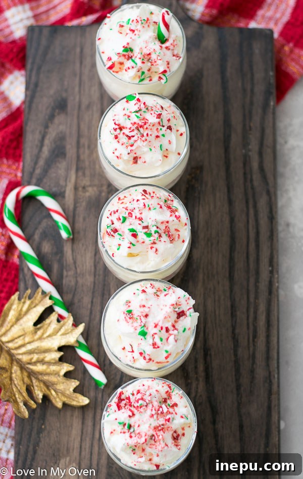 Whipped Peppermint White Chocolate Bliss 7 Individual peppermint white chocolate mousse with candy cane garnish