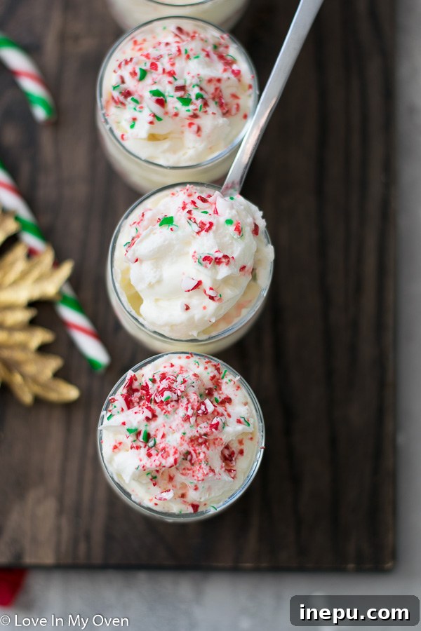 Whipped Peppermint White Chocolate Bliss 8 Top view of peppermint white chocolate mousse with candy cane