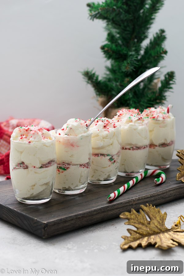 Whipped Peppermint White Chocolate Bliss 9 Side view of peppermint white chocolate mousse dessert