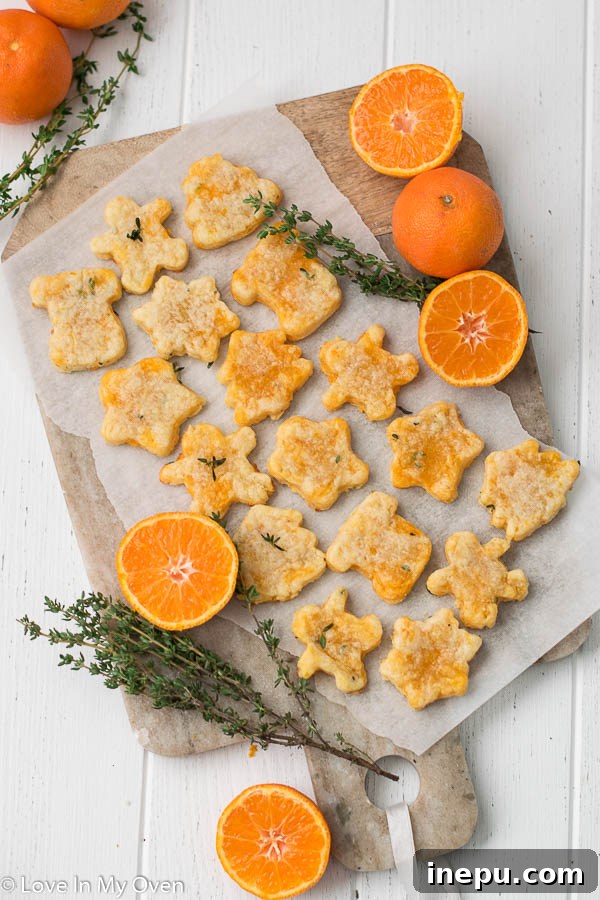 Golden Cheddar Thyme Shortbread 2 Close-up of golden brown thyme and cheddar cheese cookies, garnished with fresh thyme leaves, ready to be served on a platter.