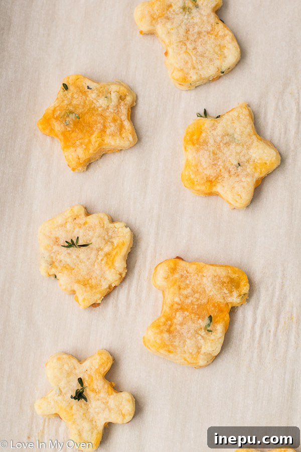 Golden Cheddar Thyme Shortbread 9 An array of freshly baked thyme and cheddar cheese cookies, some round and some star-shaped, presented on a rustic board.