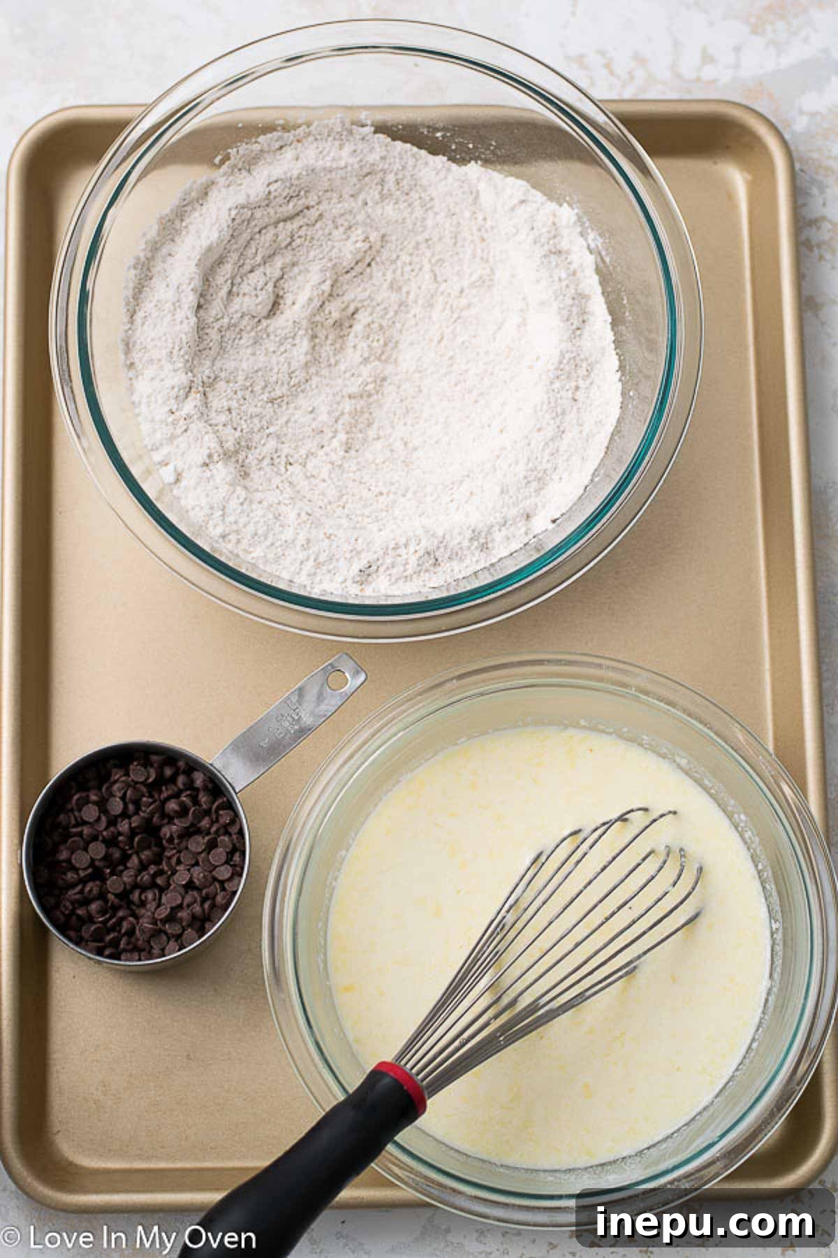 Ingredients laid out for chocolate chip baked pancakes