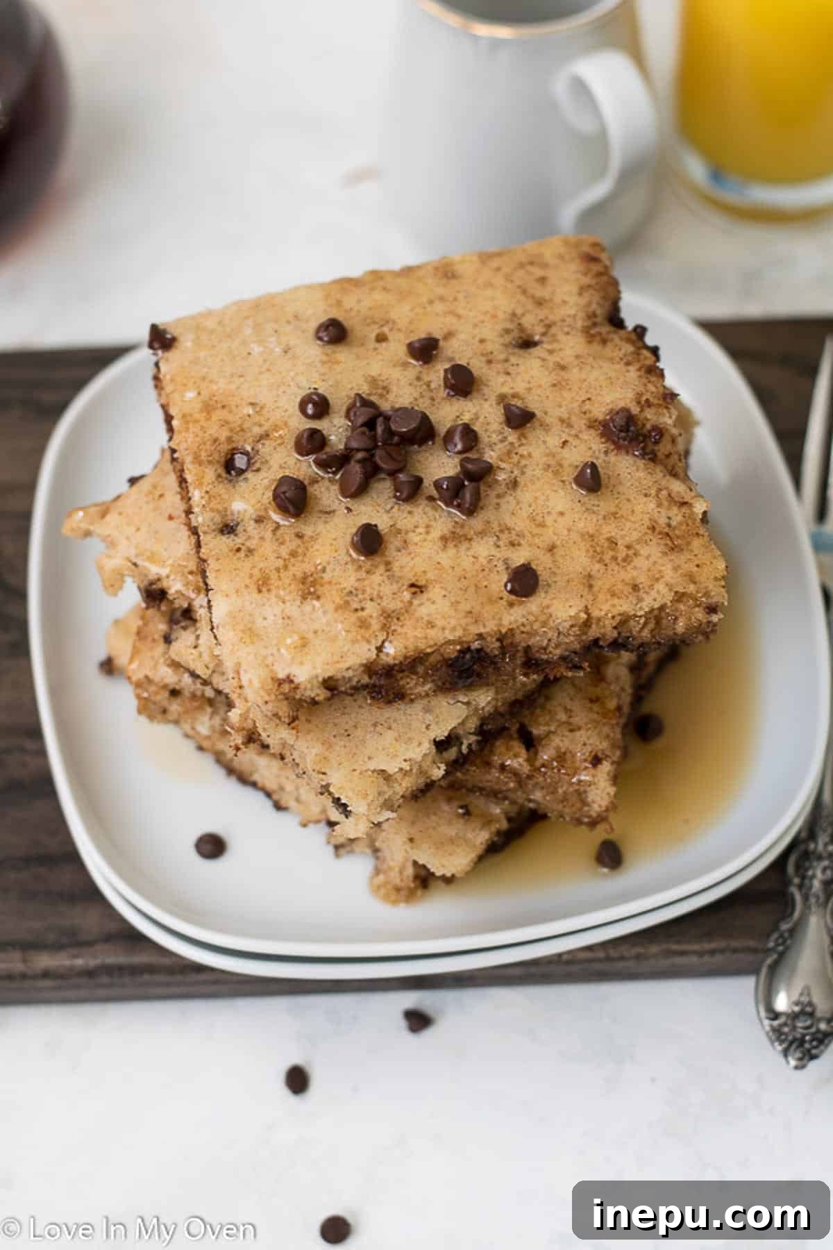 Close-up of chocolate chip baked pancakes ready to eat