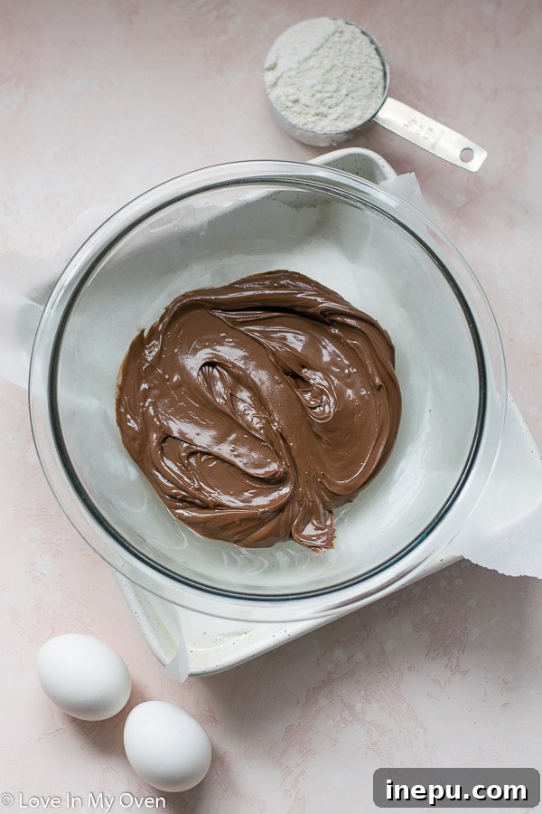 Effortless 3-Ingredient Nutella Brownies 4 Mixing the simple ingredients for Nutella brownies in a bowl.