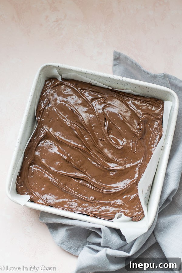 Effortless 3-Ingredient Nutella Brownies 7 Frosted 3-ingredient Nutella brownies, cooling in the pan, ready for slicing.
