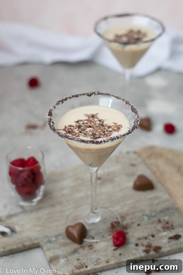 Midnight Chocolate Martini 3 Close-up of a chilled chocolate vodka martini with a chocolate-rimmed glass, ready to be served.