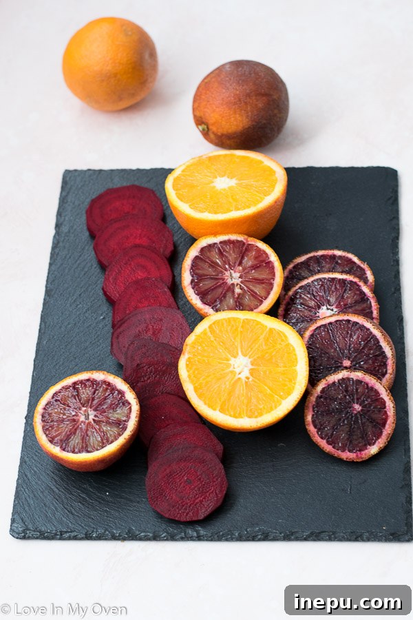 Zesty Orange Beet Salad 4 Freshly sliced blood oranges, ready to be added to a healthy salad