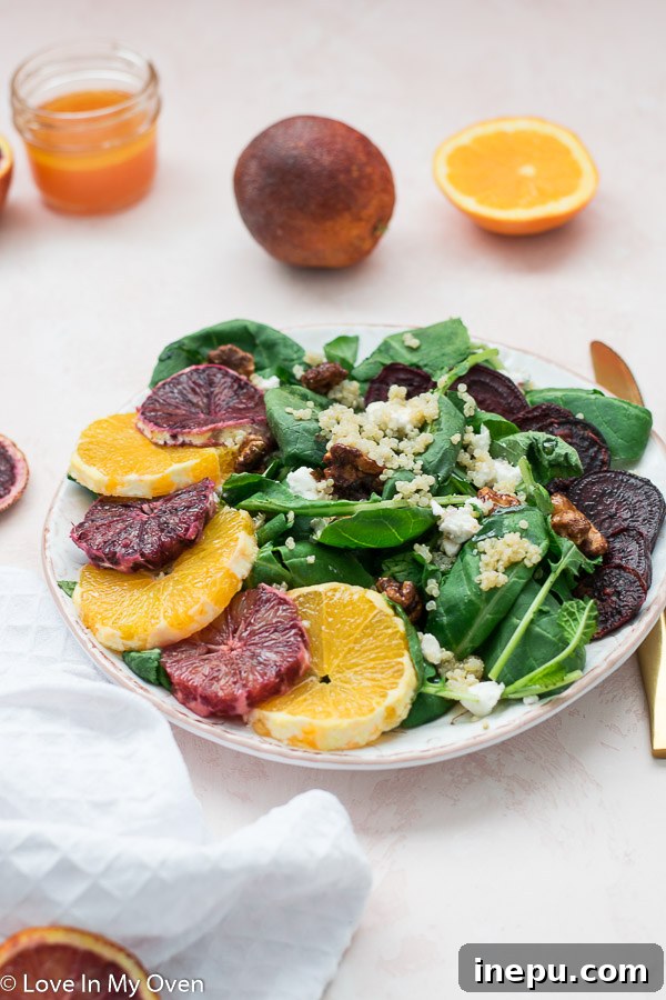 Zesty Orange Beet Salad 7 Overhead shot of Beet and Orange Salad on a rustic wooden table