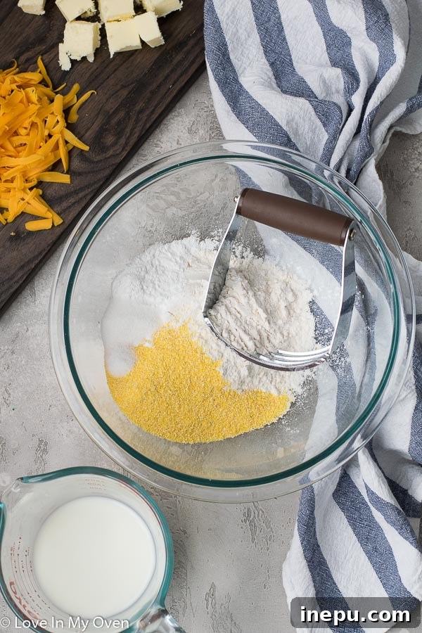 Homestyle Cheesy Corn Drops 4 preparing the dry ingredients for cheesy cornmeal drop biscuits