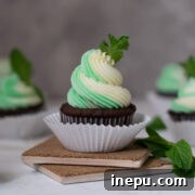 A frosted mint chocolate cupcake with green and white swirls