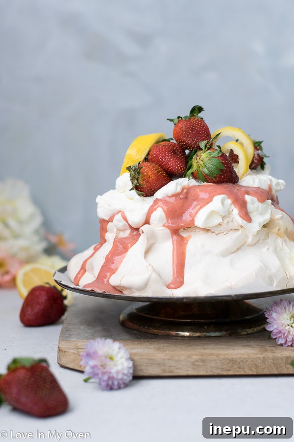 strawberry lemon curd pavlova close up