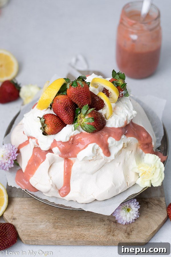 strawberry lemon curd pavlova on a table