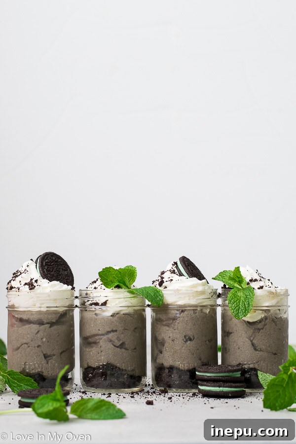 Decadent Mint Oreo Mousse served in a clear glass
