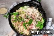 Creamy Spaghetti Carbonara with Peas and Asparagus recipe image