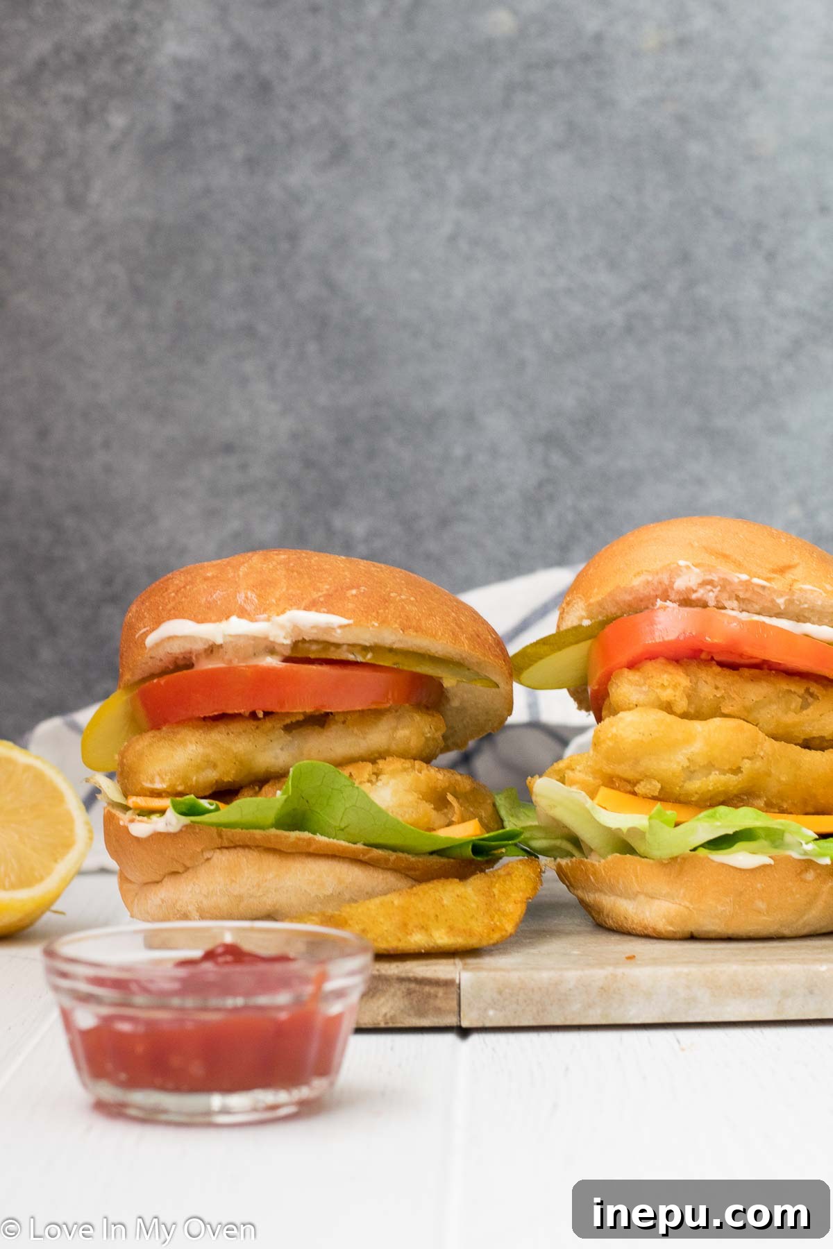 Crispy Fish Burger close-up shot with fresh toppings