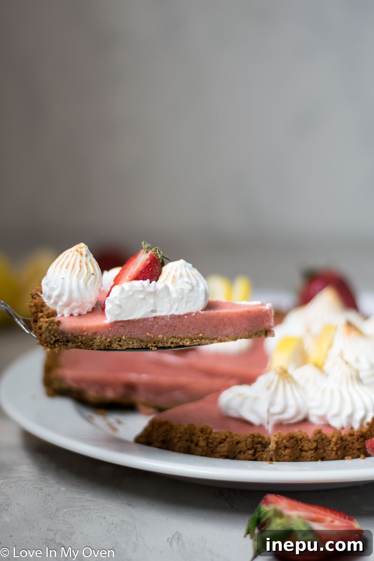 Overhead View of Two Slices of Strawberry Lemon Curd Tart with Meringue
