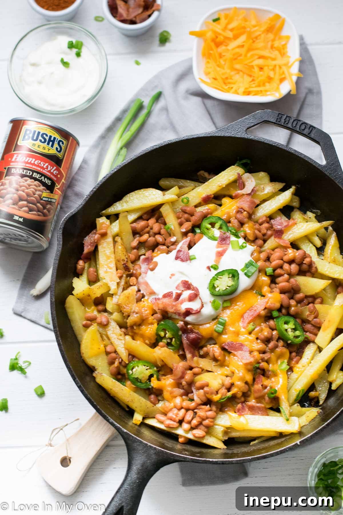 Crispy Skillet Loaded Cheese Fries with Bacon and Baked Beans