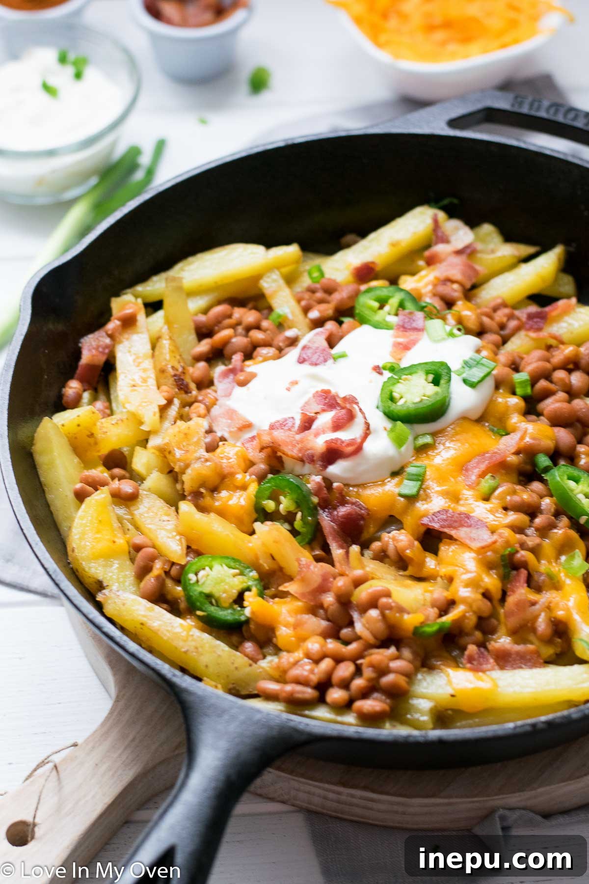 Close-up of Skillet Loaded Cheese Fries with bacon, sour cream, and green onions