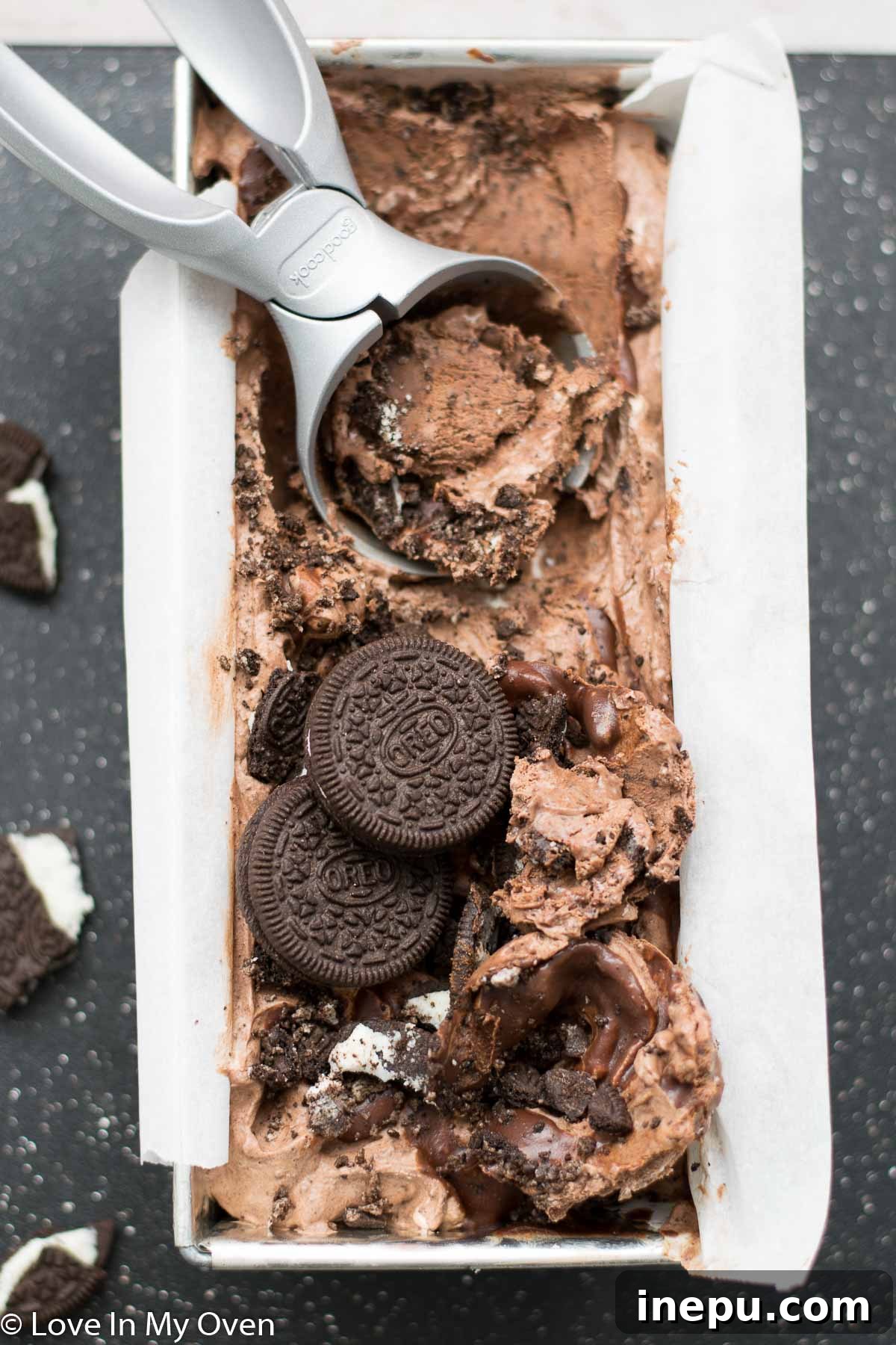Decadent No-Churn Chocolate Oreo Delight 9 A close-up of a scoop of No-Churn Chocolate Oreo Ice Cream.