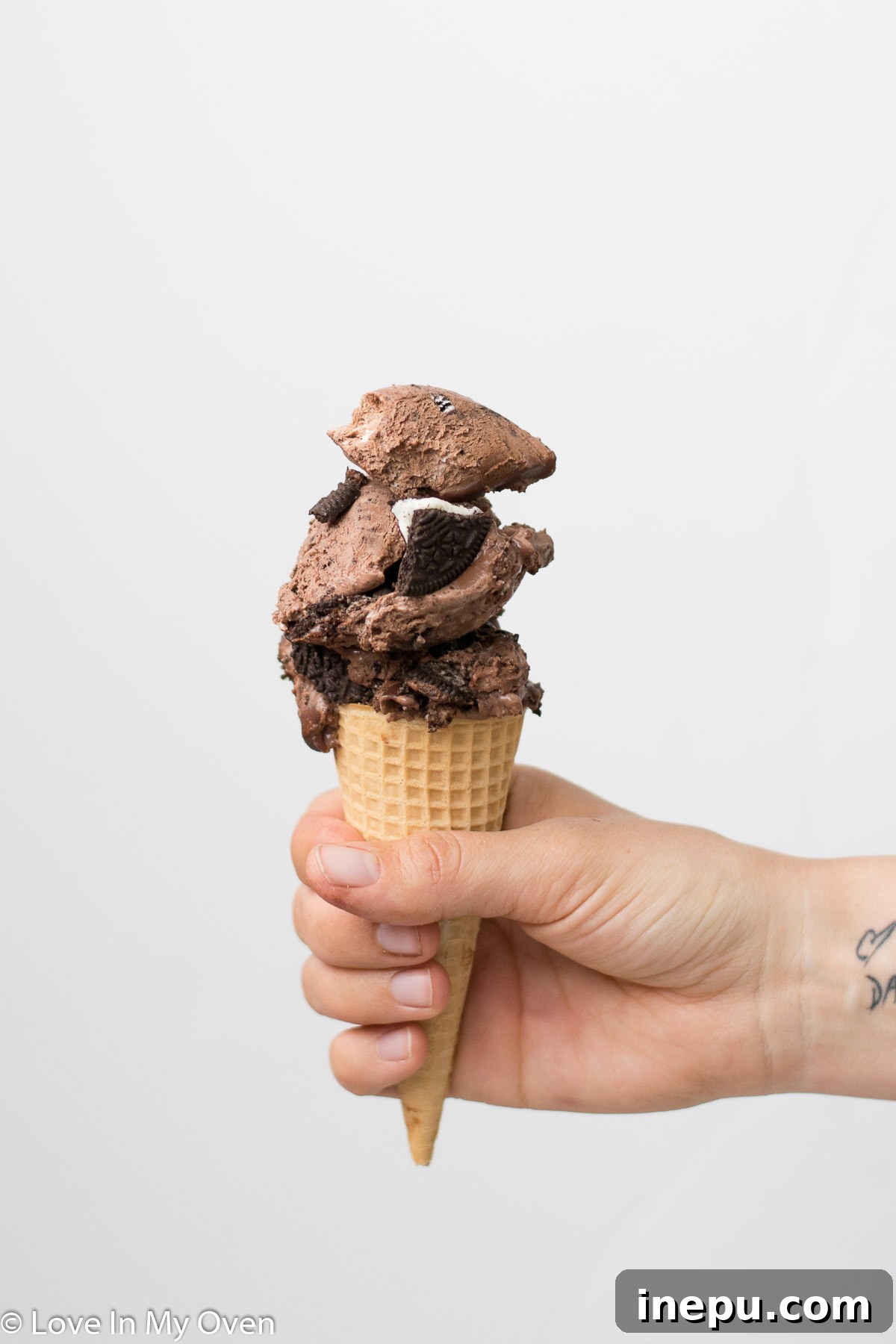 Decadent No-Churn Chocolate Oreo Delight 10 Two scoops of No-Churn Chocolate Oreo Ice Cream in a bowl with a spoon.
