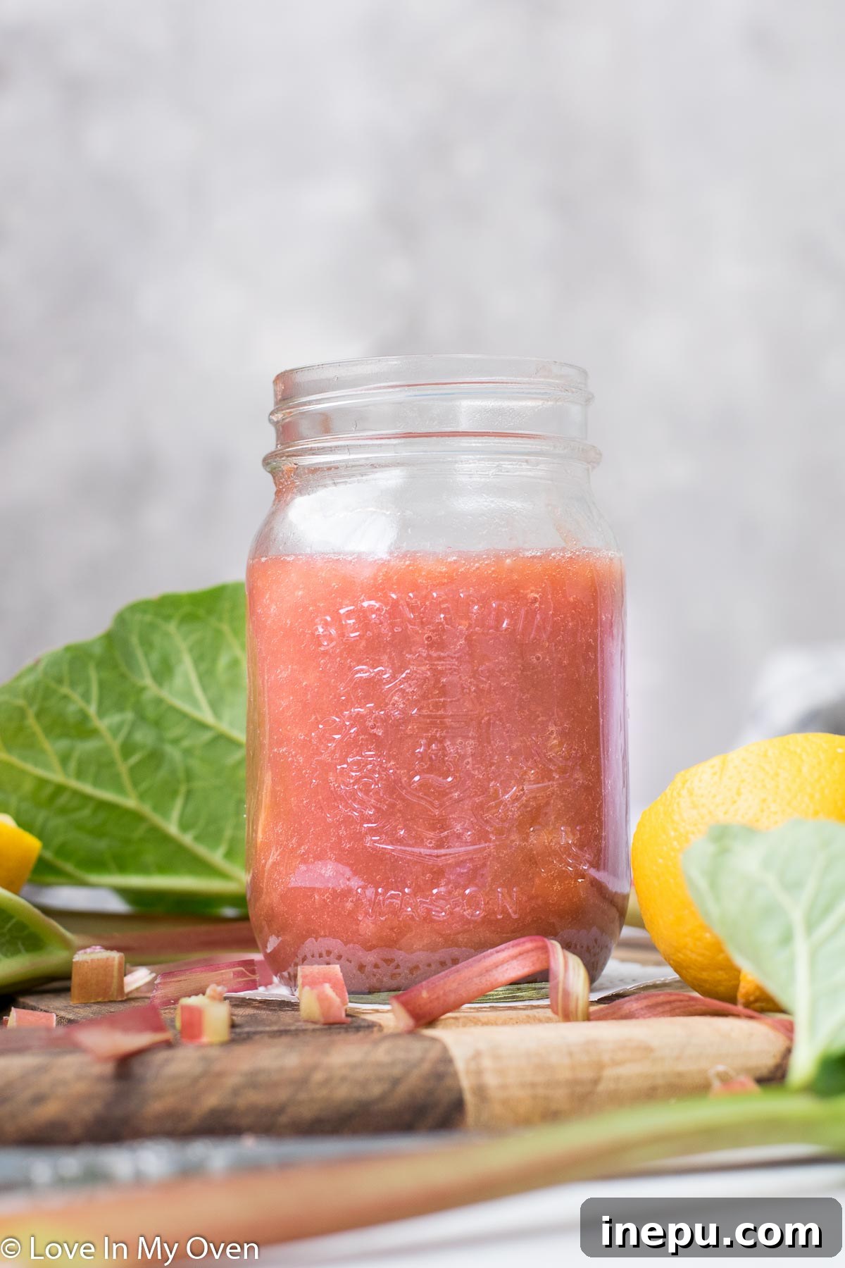 Freshly made rhubarb butter in a glass jar