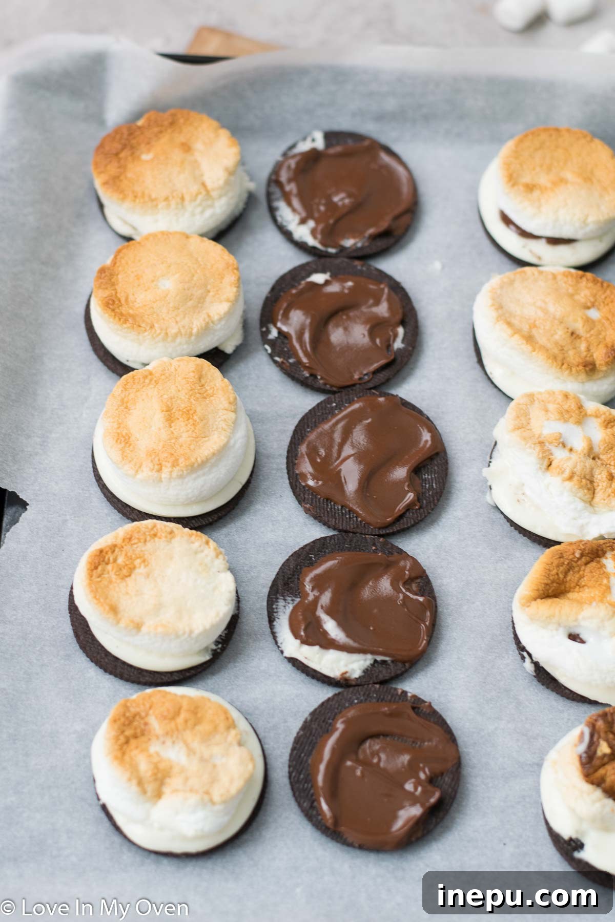 Oreo Campfire Delight 5 S'moreos in the oven broiler, marshmallows toasting