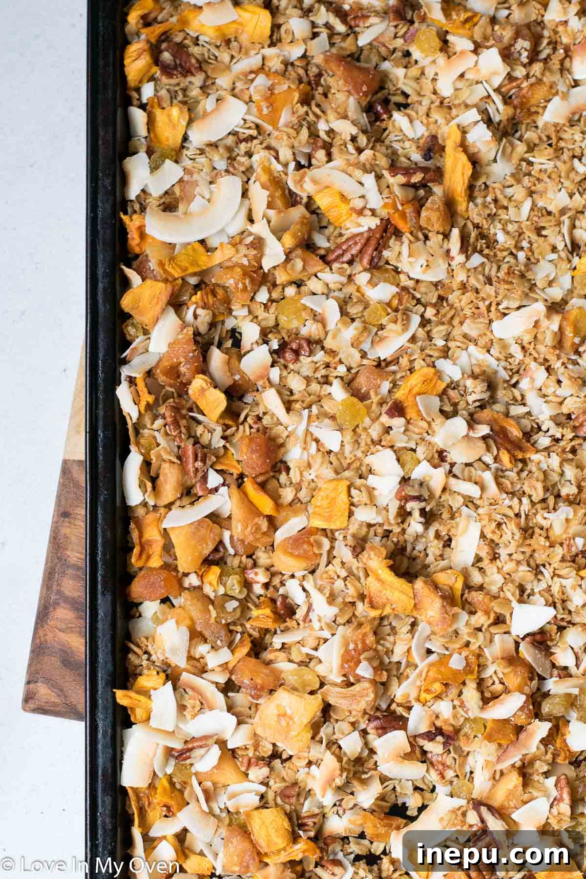 Tropical Paradise Granola 5 Freshly Baked Tropical Granola Cooling Down