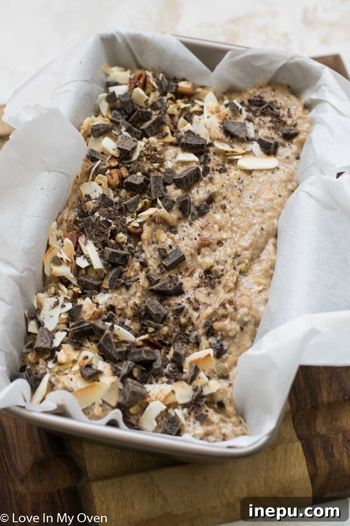 chocolate coconut banana bread with toppings