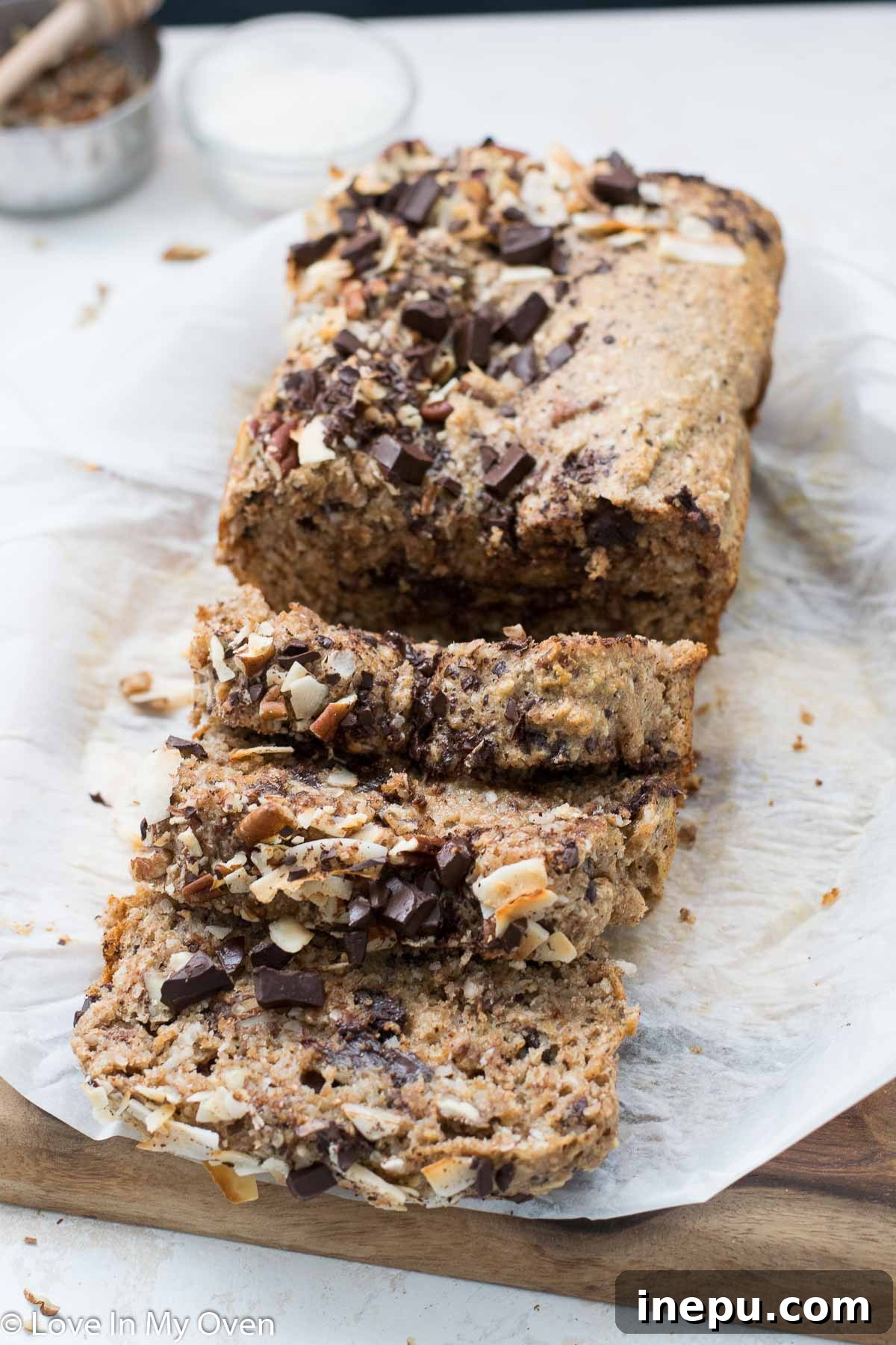 sliced chocolate coconut banana bread