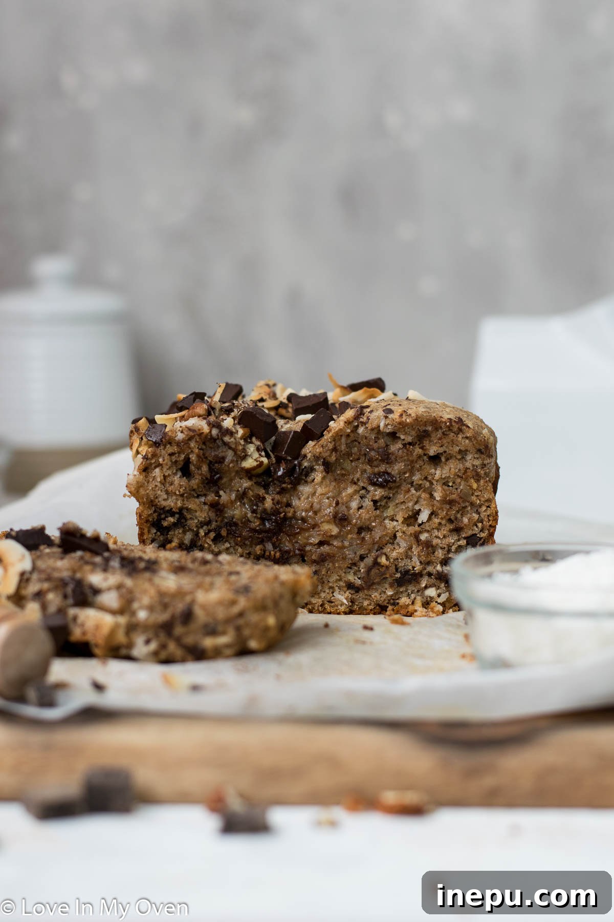 chocolate coconut banana bread on cooling rack