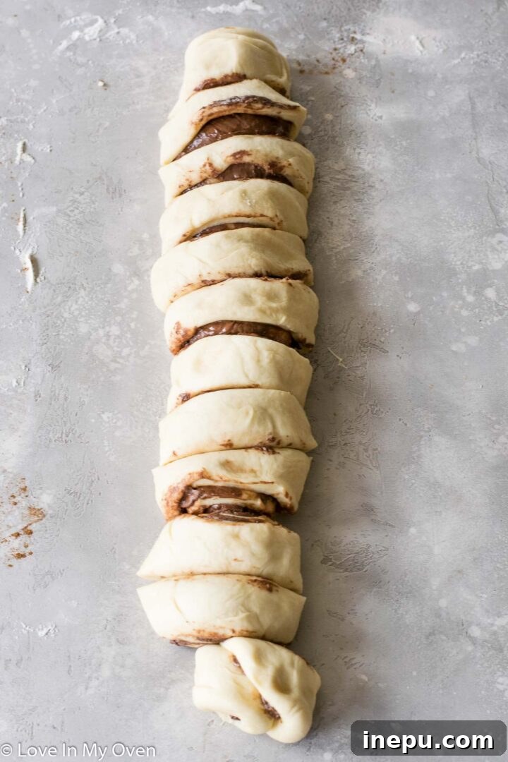 Irresistible Nutella Swirl Rolls 10 sliced nutella cinnamon rolls before second rise