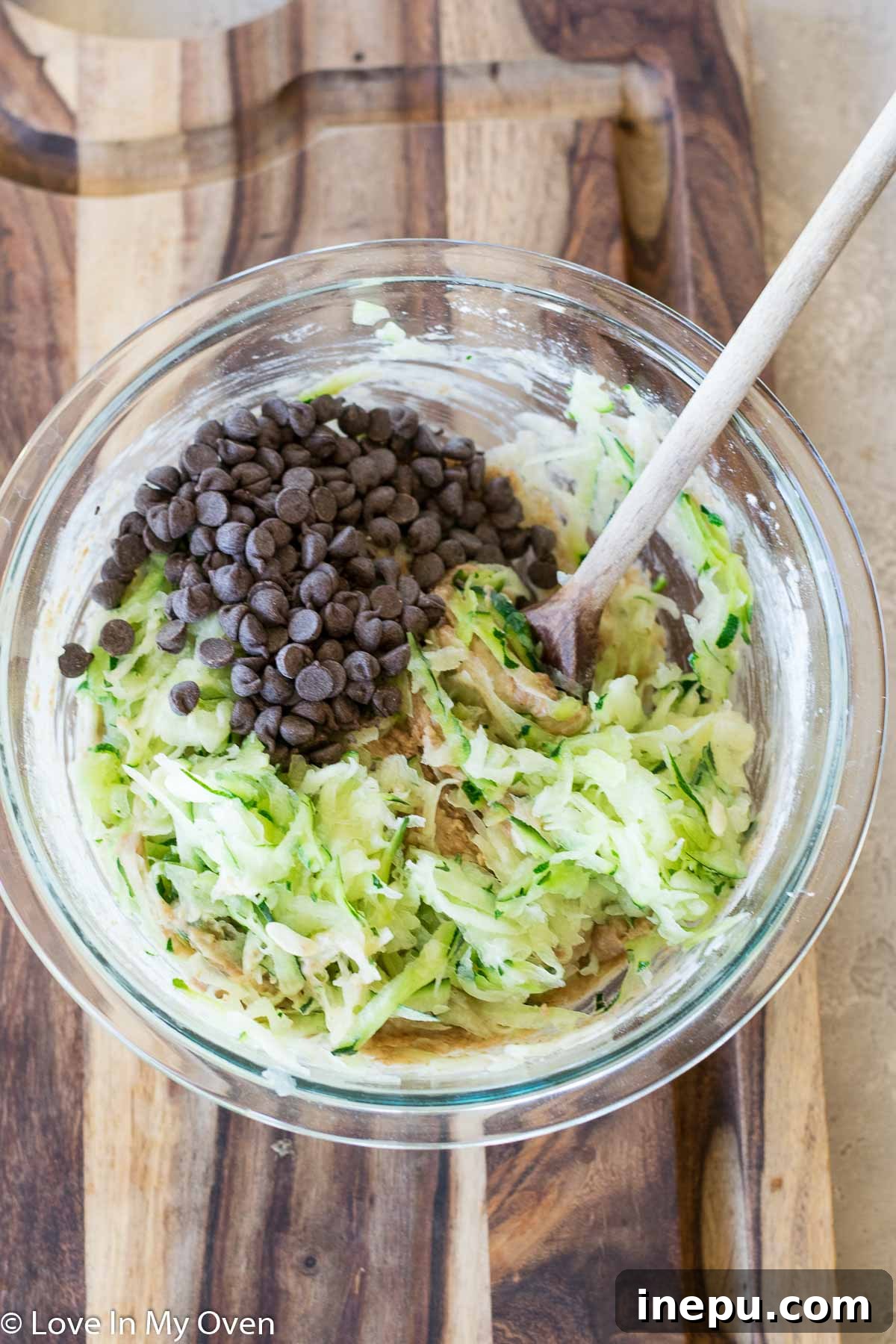 Wet and dry ingredients combined for zucchini bread batter