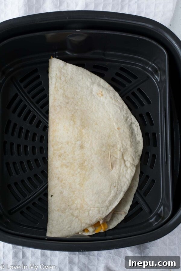 air fryer turkey quesadillas ready for cooking