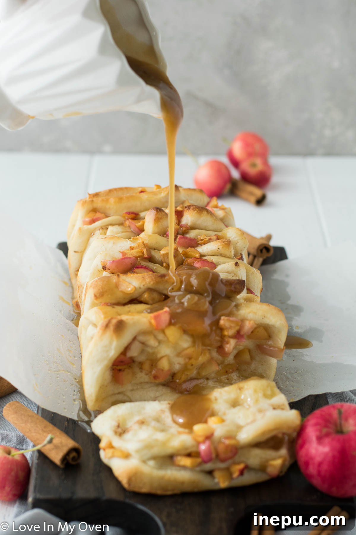 Golden Apple Cinnamon Tear-Apart Bake 12 Ingredients for simple caramel glaze