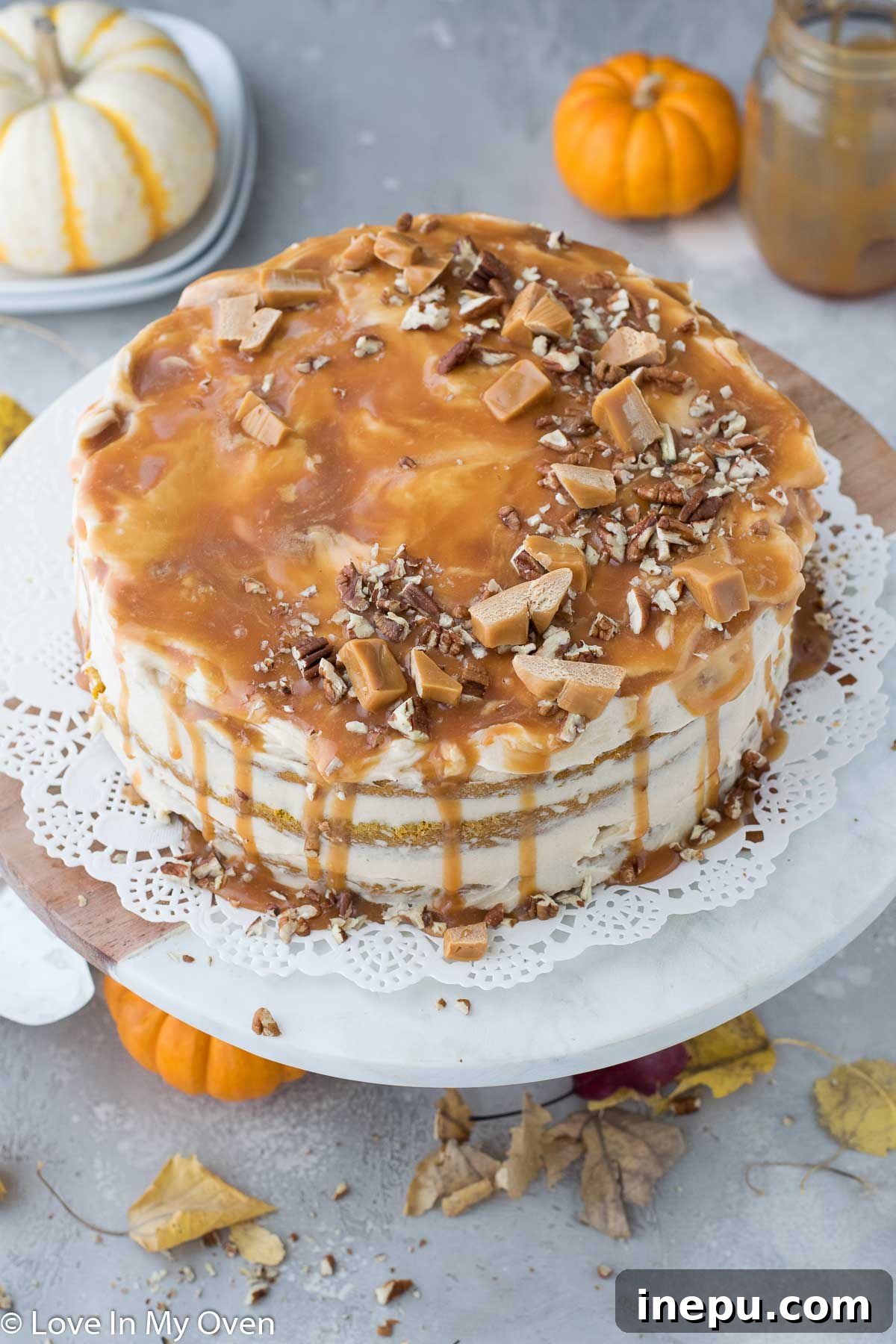 Velvet Caramel Pumpkin Dream 3 Slice of Pumpkin Caramel Cake on a white plate