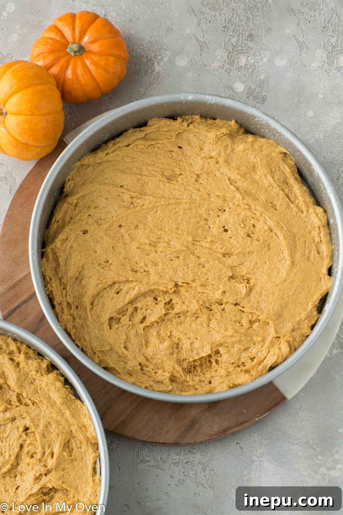 Velvet Caramel Pumpkin Dream 5 Pumpkin cake batter in baking pans