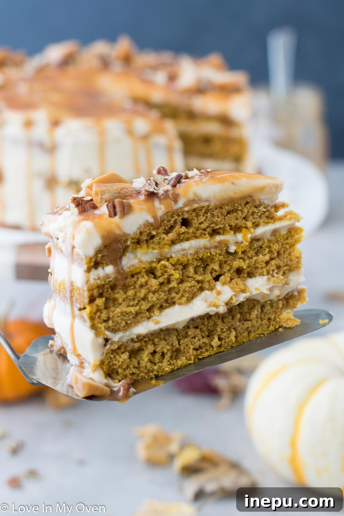 Velvet Caramel Pumpkin Dream 9 Stack of Pumpkin Caramel Cake with fall decor