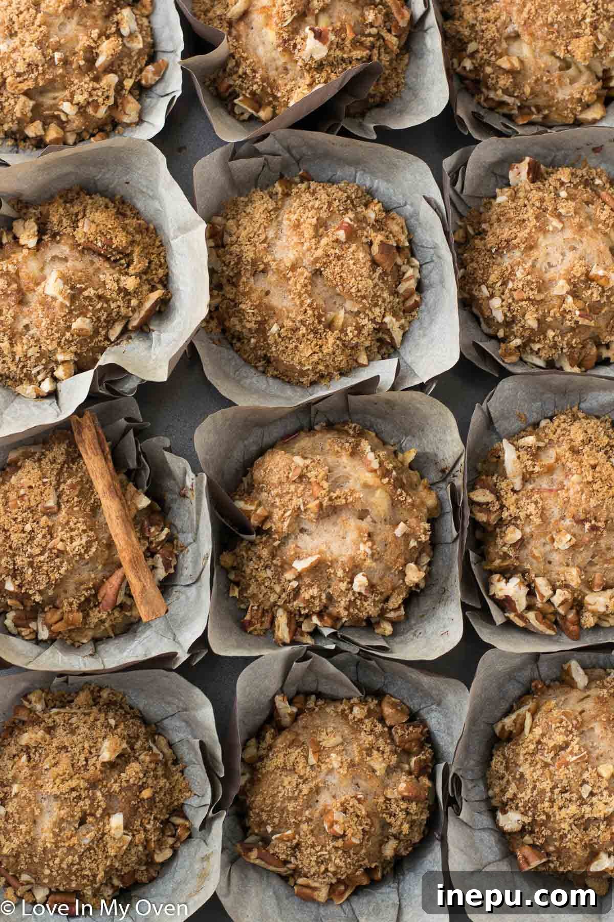 Harvest Spiced Cider Muffins 3 Close-up of a stack of golden brown apple cider muffins, highlighting the crumble topping.