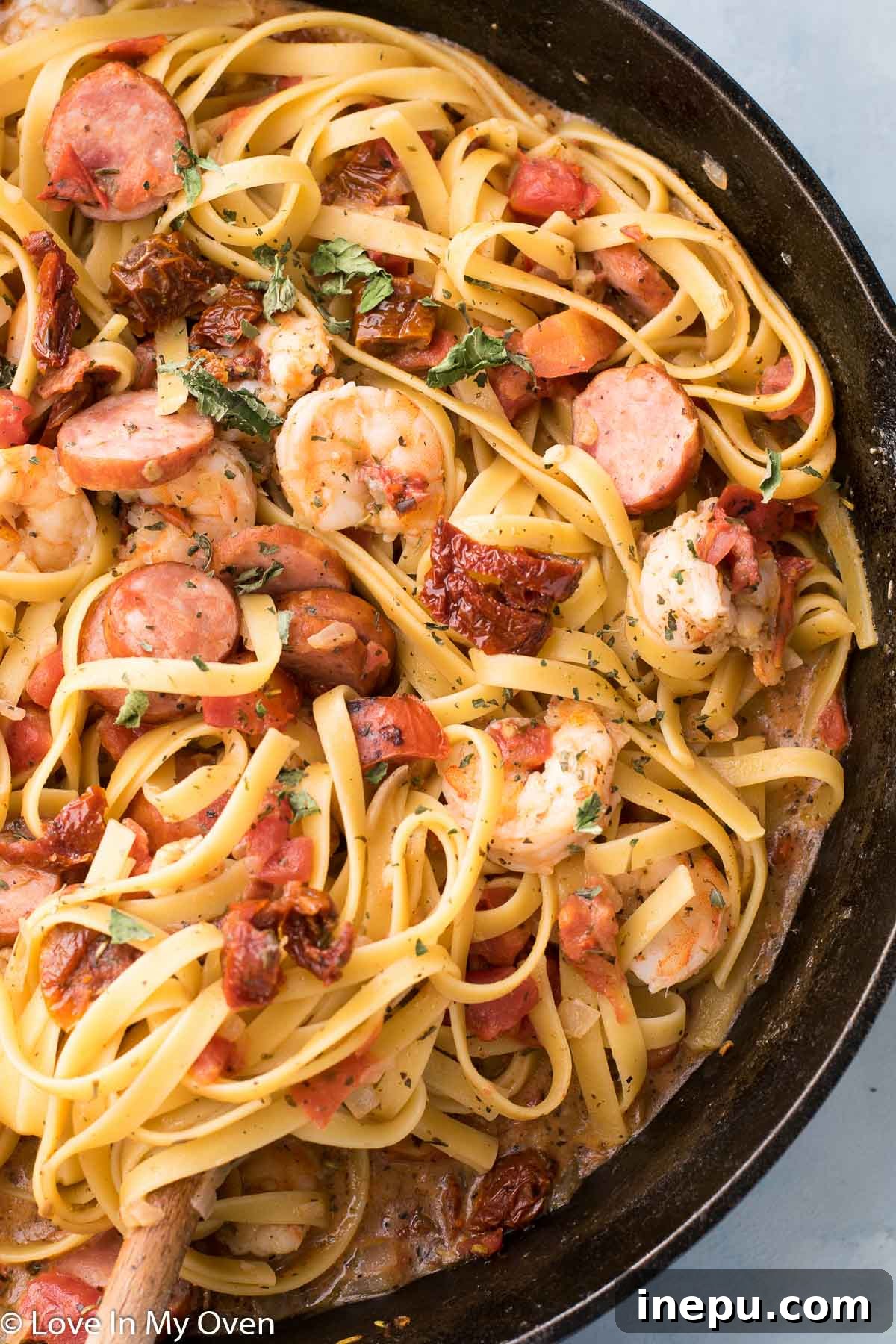 Hearty Shrimp and Sausage Pasta 2 Savory one-pot shrimp and sausage pasta ready to serve