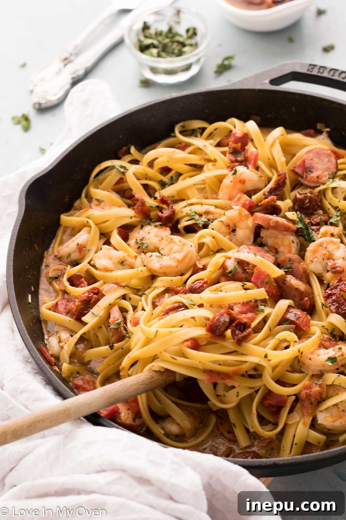Hearty Shrimp and Sausage Pasta 9 Top-down view of a generous bowl of shrimp and sausage pasta